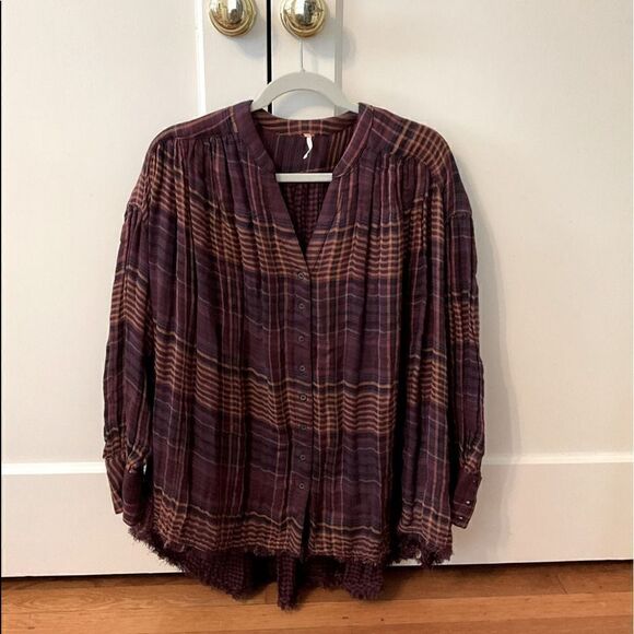 Free People Burgundy Plaid Flowy Boho Tunic with Distressed Details NWOT XS - Picture 1 of 6